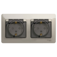 Розетка двойная Systeme Electric Glossa с заземлением со шторками с прозрачной крышкой,16А, IP44, в сборе, МОЛОЧНЫЙ GSL000947