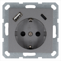 Розетка SCHUKO© с USB A+C с защитными шторками 16A 250V~ 2P+T USB 25W, цвет Алюминий Jasmart G5501USB-25S