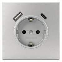 Розетка SCHUKO© с USB A+C с защитными шторками 16A 250V~ 2P+T USB 25W, цвет алюминий Jasmart FD5501USB-25PAL