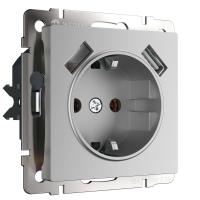 Розетка с заземлением, шторками и USBх2 серебряный Werkel Встраиваемые механизмы серебряные W1171506